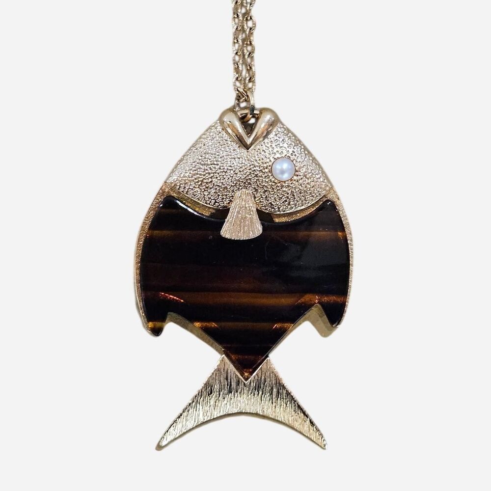 70s boho twee brown tortoise fish gold tone sarah coventry necklace
